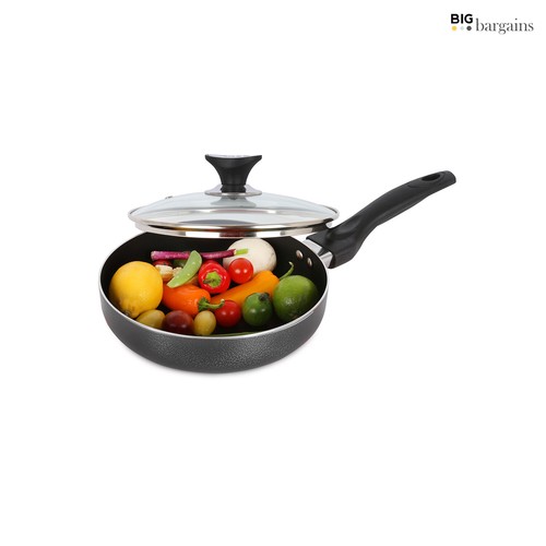 Aluminum Deep Fry Pan with Glass Lid Non Stick Insulated Handle 22cm-28cm