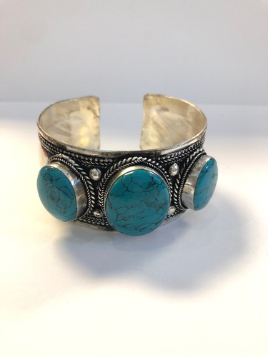 Boutique Fashion Turquoise Bracelet Pewter Adjustable Cuff Handmade Nepal B30