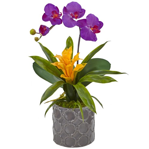 Artificial 17/" Mini Phalaenopsis Orchid /& Bromeliad Flowers Arrangement in Vase