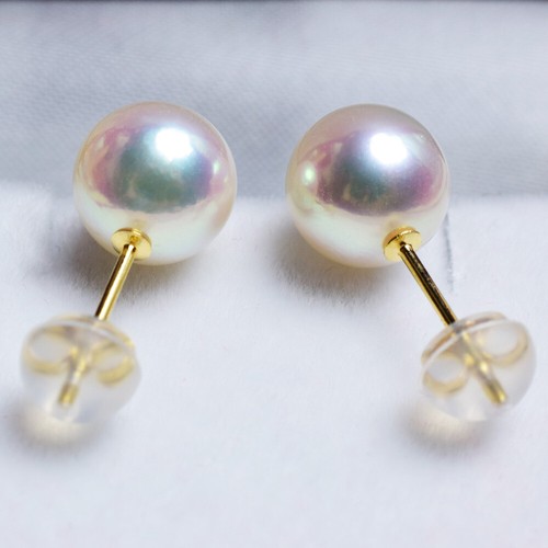 S $450 18K 7.5-8mm Aurora Tennyo Natural Real Akoya Pearl Earrings Japan