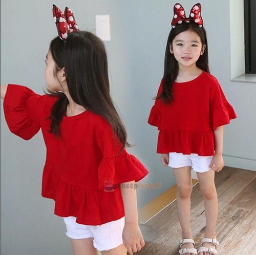 Kids Girls Red Trumpet Sleeve Tops T-shirt Elegant Spring Summer Soft Clothes