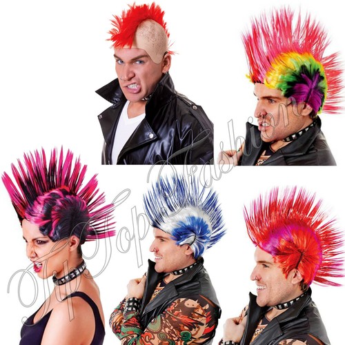 New Men/'s 70s 80s White//Blue Red//purple Multi Spike Punk Rock Mohican WIG Fancy