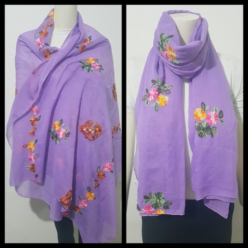 LADIES Large Embroidered Cotton Linen Floral Scarf Shawl Wrap soft purple Scarve