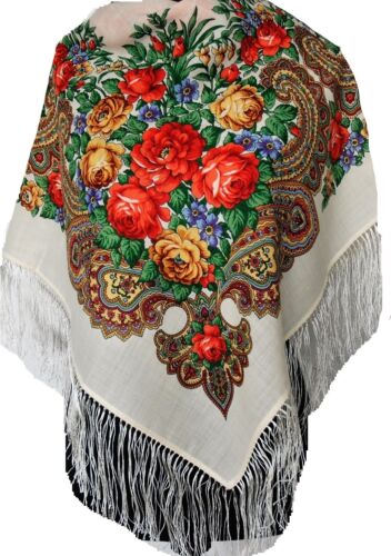 Lovely Authentische Russische Pavlovo Posad Schal 100/% Wolle Seide Fransen