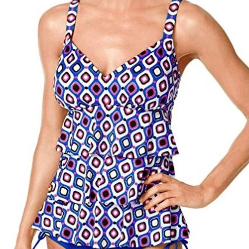 Swim Solutions Jewels Geo-Print Tiered Tankini Top Violet Blue Fuchsia 8 16 NWT