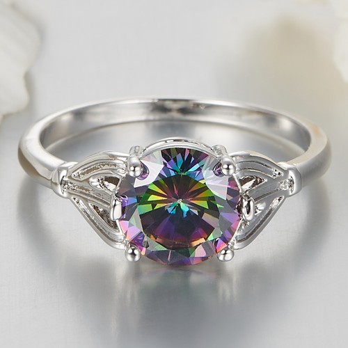 Dazzling Rond Cut Solitare rainbow Topaz Gemstone Silver Ring Taille 6 7 8 9 10