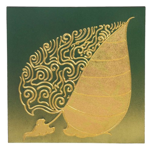 Picture CANVAS WITH GOLD LEAF PAINTING ART Asia Green Gold 50 x 50 cm No 11