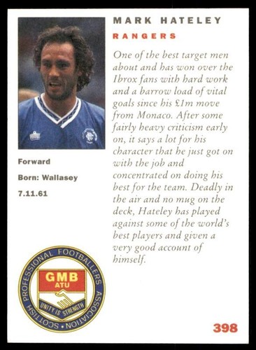PANINI joueurs collection 1992-Glasgow Rangers Mark Hateley #398