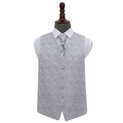 DQT Floral Paisley Silver Mens Wedding Waistcoat /& Cravat Set