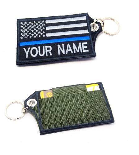 CUSTOM NAME USA FLAG THIN BLUE LINE POLICE ID CREDIT CARD HOLDER KEYCHAIN CASE