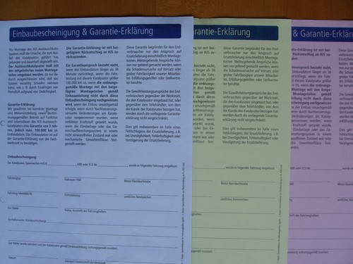 Abnahmebescheinigung und Einbaubestätigung für HJS Dieserußpartikelfilter /& Kat