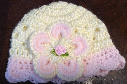 Handmade Crochet Baby Girl Hat Newborn 0-3 Months ivory pink off white