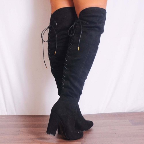 LADIES BLACK OVER THE KNEE FAUX SUEDE LACE UP BOW DETAIL BLOCK HIGH HEELS BOOTS