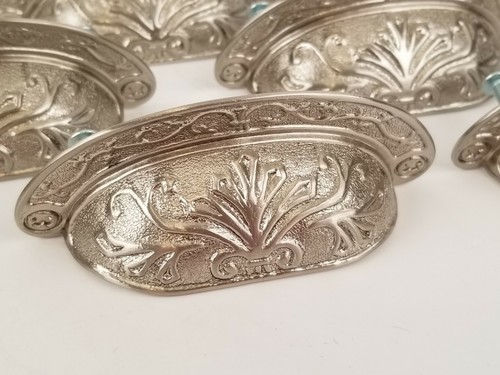 Ornate Detailed Brushed Nickel Drawer Pull Vintage Style Cup Bin Pull