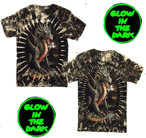 MEN TYE DYE DRAGON//CASTLE T-Shirt Glow In The Dark Print Front /& Back