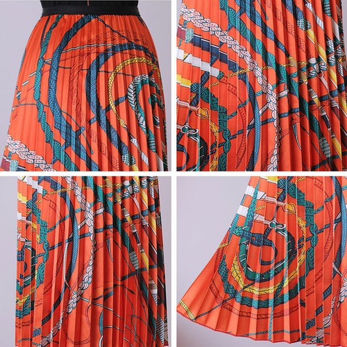 Women Retro Print High Waist Pleated Skirt A Line Mid Calf Long Skirts Dress