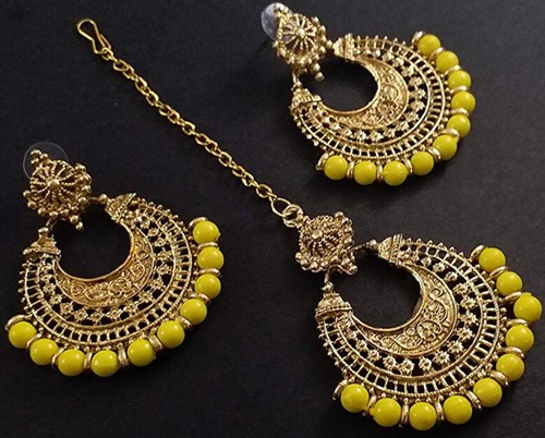 Indian Bollywood Gold Pearl Hair Forehead Chain Maang Tikka Bridal Jewelry Yelow