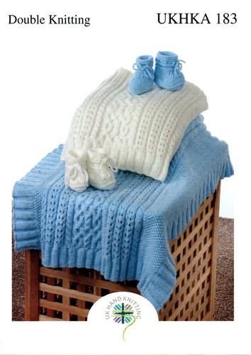 not finished items UKHKA 183 DK KNITTING PATTERN Cable Blanket /& Bootees
