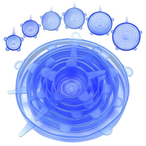 6pcs Reusable Blue Silicone Food Covers Stretch Bowl Wraps Lids Fit All Shapes