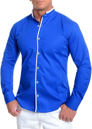 Mens Elegant Long Sleeve Shirt Smart Mandarin Collar Cotton White Blue Stitching