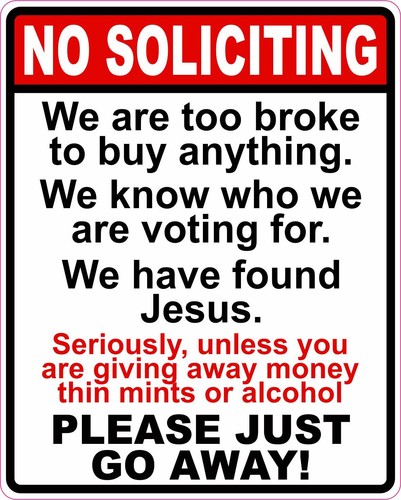 No Soliciting Go Away Vinyl Sticker Decal Sign Funny *FREE DOMESTIC SHIPPING*