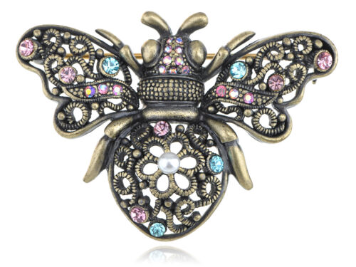 Antique Metal Tone Pastel Diamante Rhinestone Flying Bee Bug Pin Brooch Gift