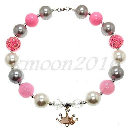 Pink Crown pendant Chunky Beads Bubblegum Necklace for Kids Chunky Gumball Gifts