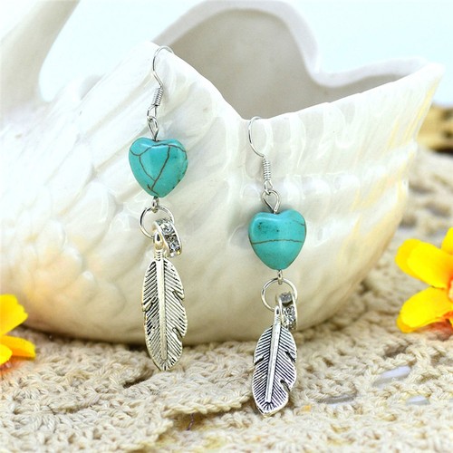 Retro Vintage Hoja de joyería para damas y pendientes de TURQUESA en forma de corazón Colgante de LH