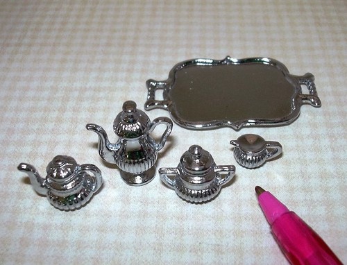 Miniature 5-Piece Silver Tea Set with Tray DOLLHOUSE 1:12