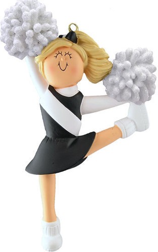 PERSONALIZED NAME CHEERLEADER CHEER LEADER BLACK UNIFORM BLONDE HAIR ORNAMENT