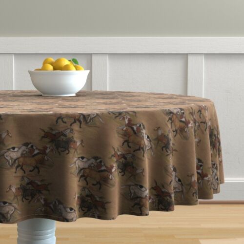 Round Tablecloth Horse Brown Cowboy Pony Western Cotton Sateen 