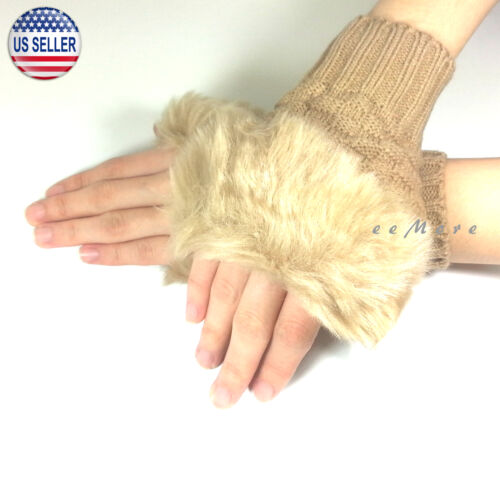 Faux Fur Knitted Fingerless Mitten Gloves Women Winter Fashion US Stock Short 