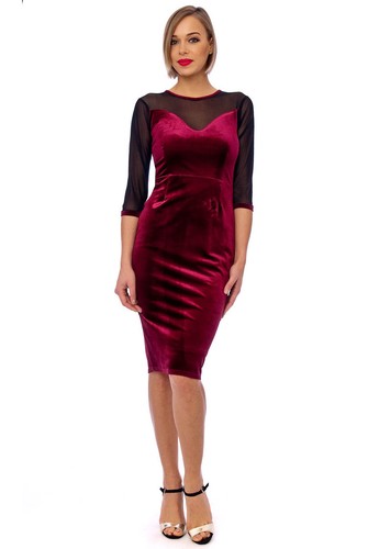 Wine Velvet /& Mesh Evening Bodycon Pencil Cocktail Hollywood Wiggle Party Dress