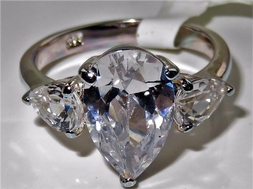 Ladies pear ring three stone cz anniversary sterling silver past present 13409
