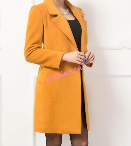 Korean Vigue Womens Slim Fit Lapel Wool Blend Mid Long Coat Jacket Outwear Candy