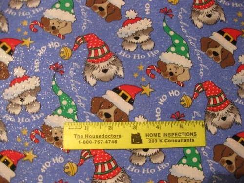 DOGS IN CHRISTMAS HATS ON GLITTERY BLUE 100/% Cotton Fabric By Yard