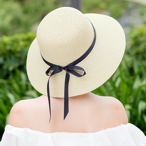Womens Summer Holiday Beach Wide Brim Ladies Bowknot Folding Straw Hat Sun Visor