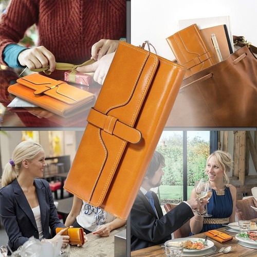 Portefeuille Femme Sac à Main Long Porte Monnaie en Cuir Véritable de Cire El