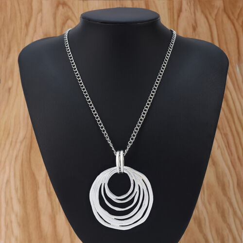 Large silver abstract metal Rings Circles pendant long chain necklace lagenlook 