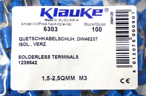 100 Klauke Quetschkabelschuh1,5-2,5QMM M3DIN 46237isoliertverzinkt