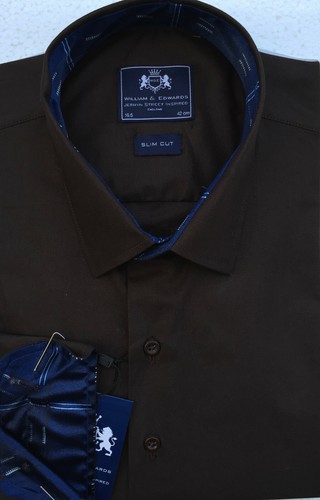 Mens Designer Slim Fit Dress Contrast Single Collar Brown,Long Sleeve Shirt,SALE