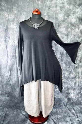 XXL XL Lagenlook raffinato STREGHE-Tunica-shirt maniche a pipistrello NERO 44,46,48 L