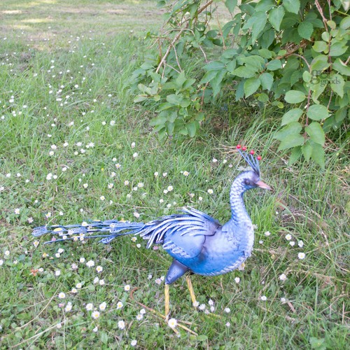 Blue Metal Peacock Garden Ornament Lawn Statue Patio Feature Bird Animal Figure