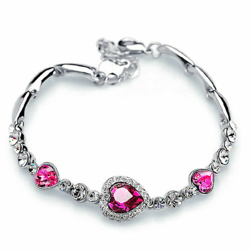 Fashion Women Ocean Blue Crystal Rhinestone Heart Bangle Bracelet Birthday Gift