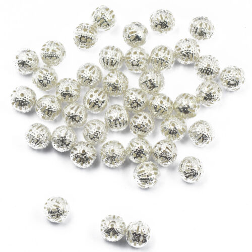 100 Metal Filigree Round Spacer Beads Charms Craft Finding Silver Plated 8mm