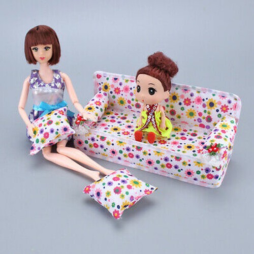 For Barbie Doll House Accessories Furniture Living Room Pink Sofa 2 Cushions