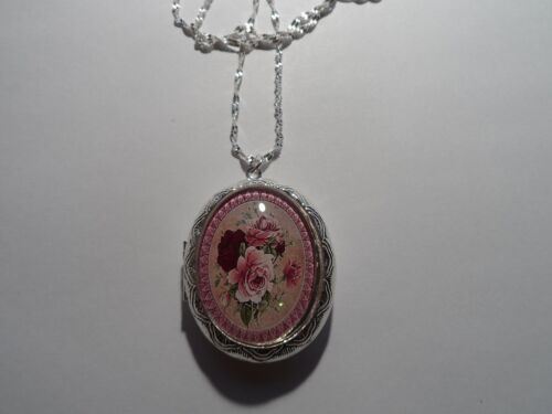 SILVER PLATED VICTORIAN MAROON//PINK ROSE OVAL LOCKET NECKLACE 26/"