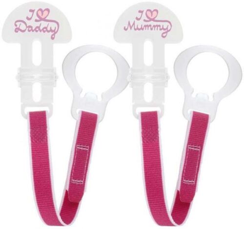 PINK NEW MAM I LOVE MUMMY /& DADDY SOOTHER DUMMY CLIPS