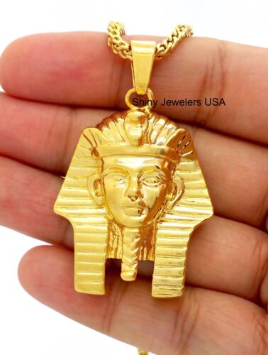 HIP HOP THE EGYPTIAN 18K GOLD FINISH KING TUT PENDANT 24" FRANCO CHAIN NECKLACE 