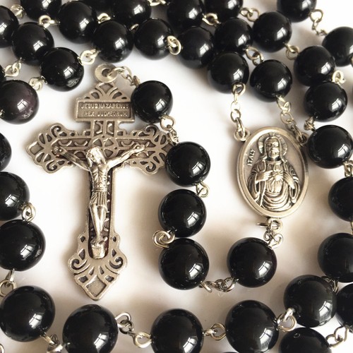 XL 10MM Black Obsidian BEAD 5 DECADE ROSARY CROSS Catholic NECKLACE Men/'s GIFT